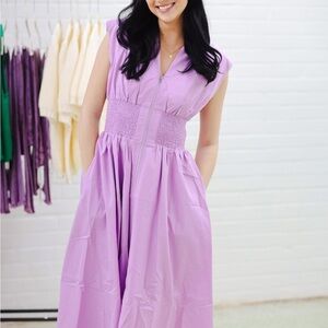 Chic Lavender Midi Dress with Smocked Waist